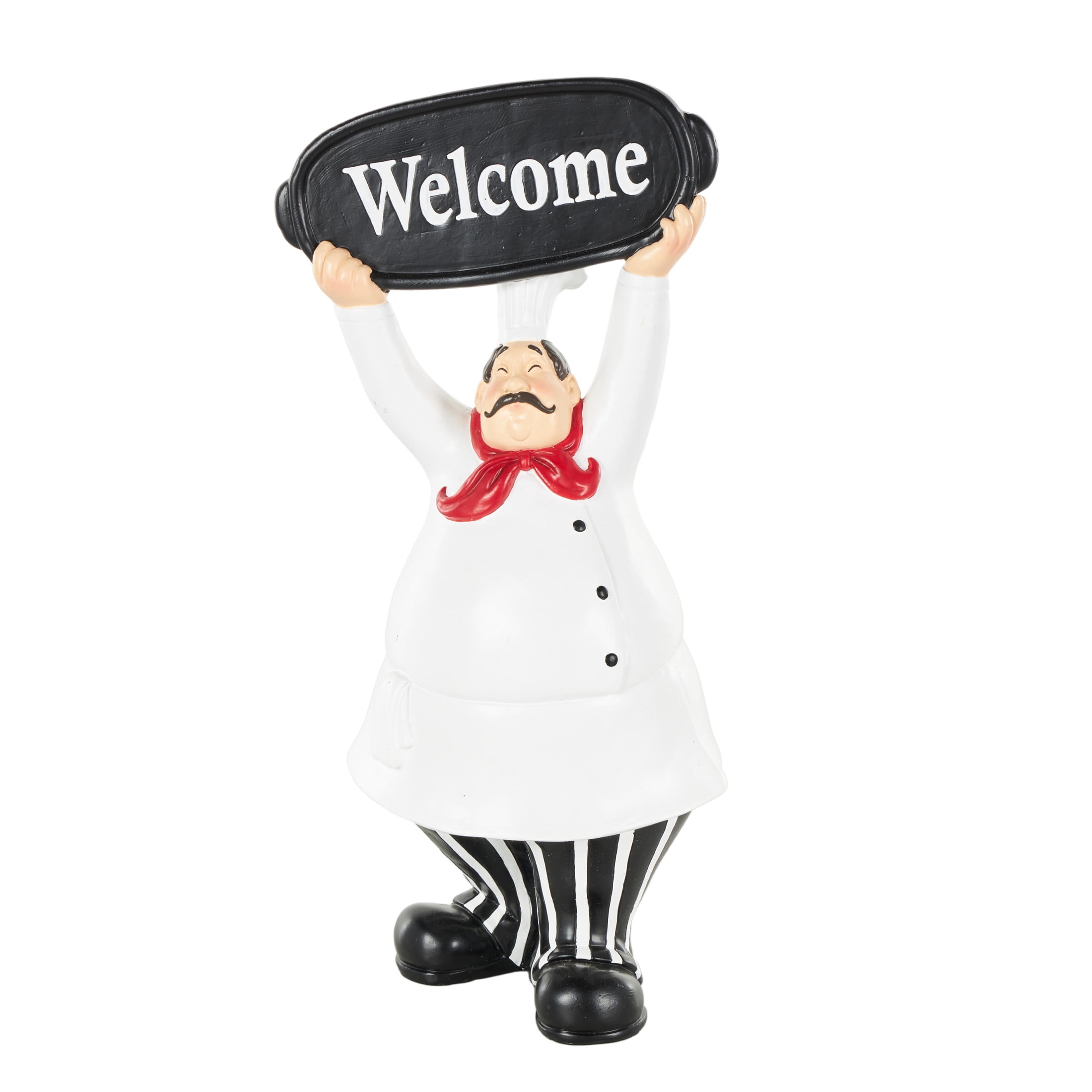 6" x 13" White Polystone Kitchen Decorative Figurine Chef Sculpture with Welcome Sign, by DecMode