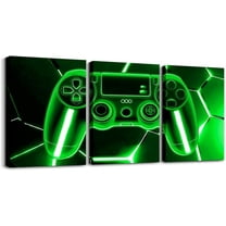 Gamer 3 Canvas Wall Art for Living Room Bedroom, Gaming Office Decorations Artwork Posters for Kids Boys Girls Teens Decor Teal and Black Game Console Painting Gamepad Honeycomb