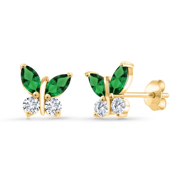 18K Yellow Gold Plated Silver Marquise Green Nano Emerald and White Lab Grown Diamond Butterfly Earrings for Women (1.20 Cttw, Gemstone May Birthstone, Center Stone: 6X3MM, Small Stones: 3MM)