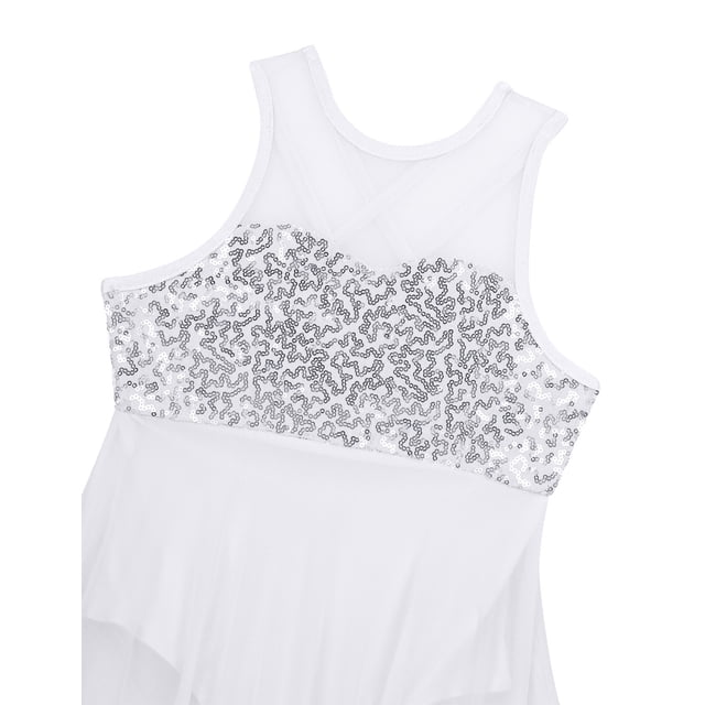 Mufeng Robe Sans Manches à Sequins Croisés pour Filles, Justaucorps de Ballet Lyrique, Robe de Danse Moderne Blanche 10