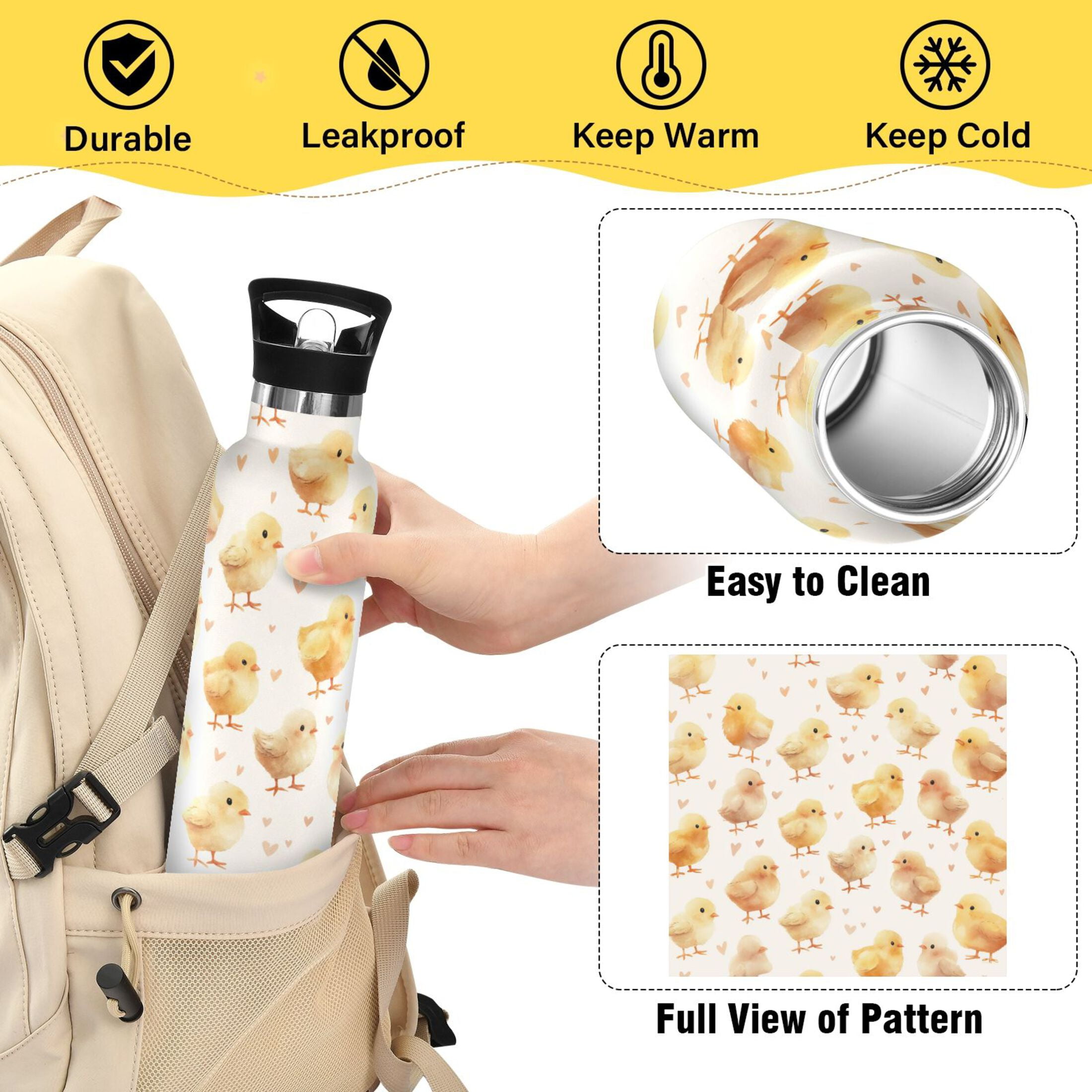 Kids Insulated Stainless Steel Sports Water Bottle 600ml (20oz) Yellow and Cream Chicks