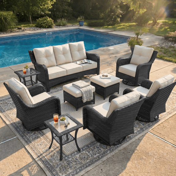 LayinSun 9 Pieces Patio Furniture Sets, Outdoor Wicker Conversation Set with Swivel Chairs and 6" Thick Cushion for Deck Garden Backyard