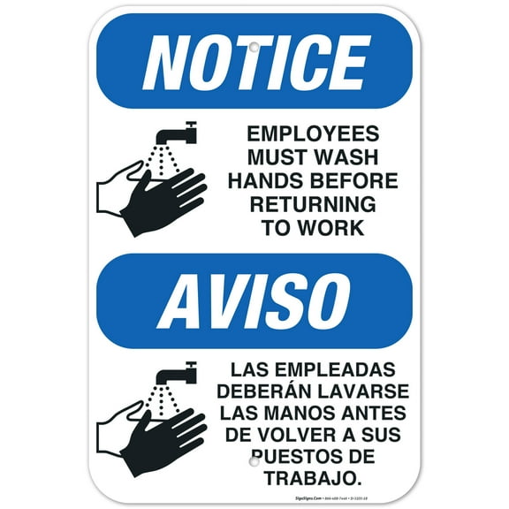 Employees Hand Washing Sign, Bilingual Spanish English,