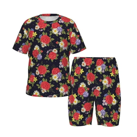 Picia Red Rose Flower Printed Boys  Kids-PJ Snug Fit Cotton Short Sleeve Top and Shorts 2 Piece Pajama Set-3X-Large