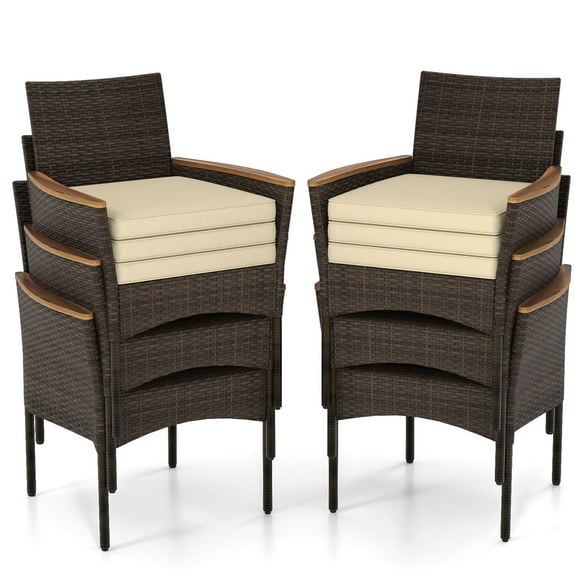 Gymax Patio Wicker Chairs 6 PCS w/Steel Frame & Soft Cushions Armrests Outdoor Mix Brown& Beige