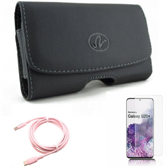 Screen Protector w Pink 10ft Long Cable w Case Belt Clip for Samsung Galaxy S20 Plus - Tempered Glass [Fingerprint Unlock] 3D Curved Edge, USB-C to Type-C PD Fast Charger Cord fits Galaxy S20 Plus