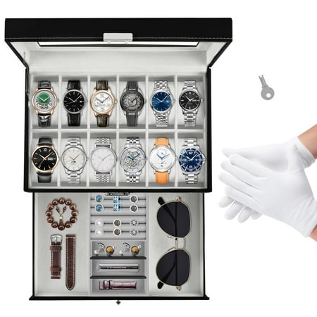 12-Slot Watch Box,Lockable Watch Case with Glass Lid, 2 Layers,with 1 Drawer for Rings, Bracelets, Gift Idea,Black