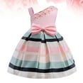 thumbnail image 3 of Vestido de una pieza con un solo hombro y rayas horizontales para niños (rosa, 130 cm), 3 of 7