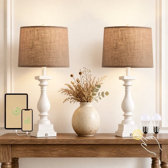 Oneach 3 Way Dimmable Touch White Table Lamp Set of 2 with USB Ports for Living Room Bedroom 27.75" Farmhouse Resin Bedside Nightstands Lamps(Bulbs)