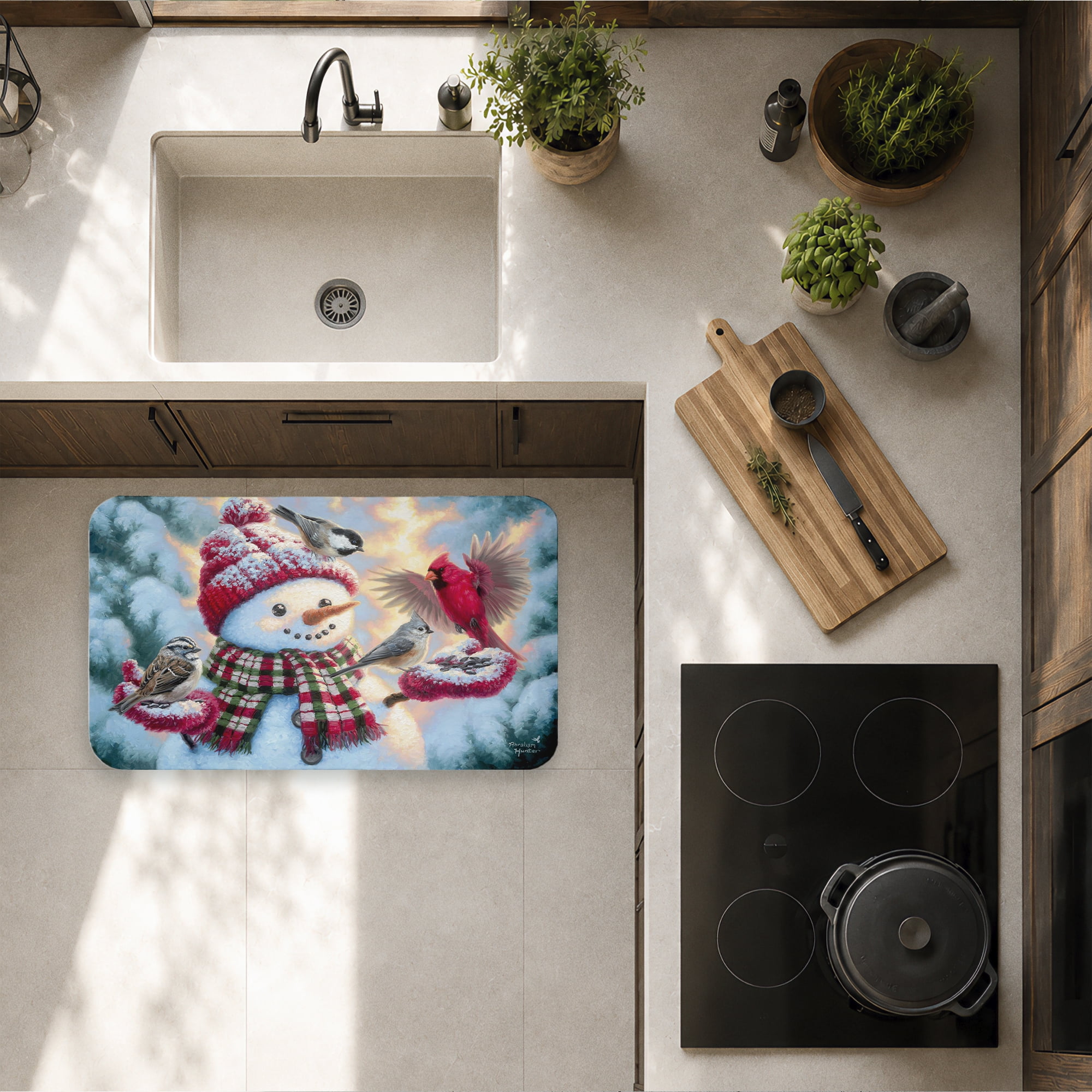 Stupell Industries Happy Snowman with Landing Birds Printed Anti-Fatigue Floor Mat, design by Abraham Hunter