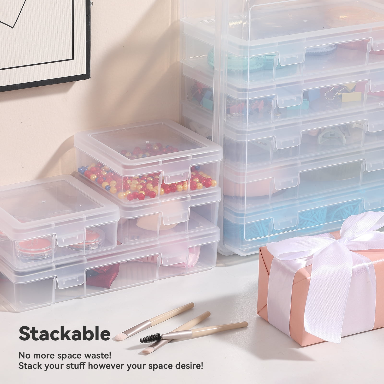 Novelinks Stackable Plastic Storage Box Containers Hobby Art Craft Organizer Rectangle Box for Pencil Crayon Beads Jewelry, Clear(6 M+6 S Inner)