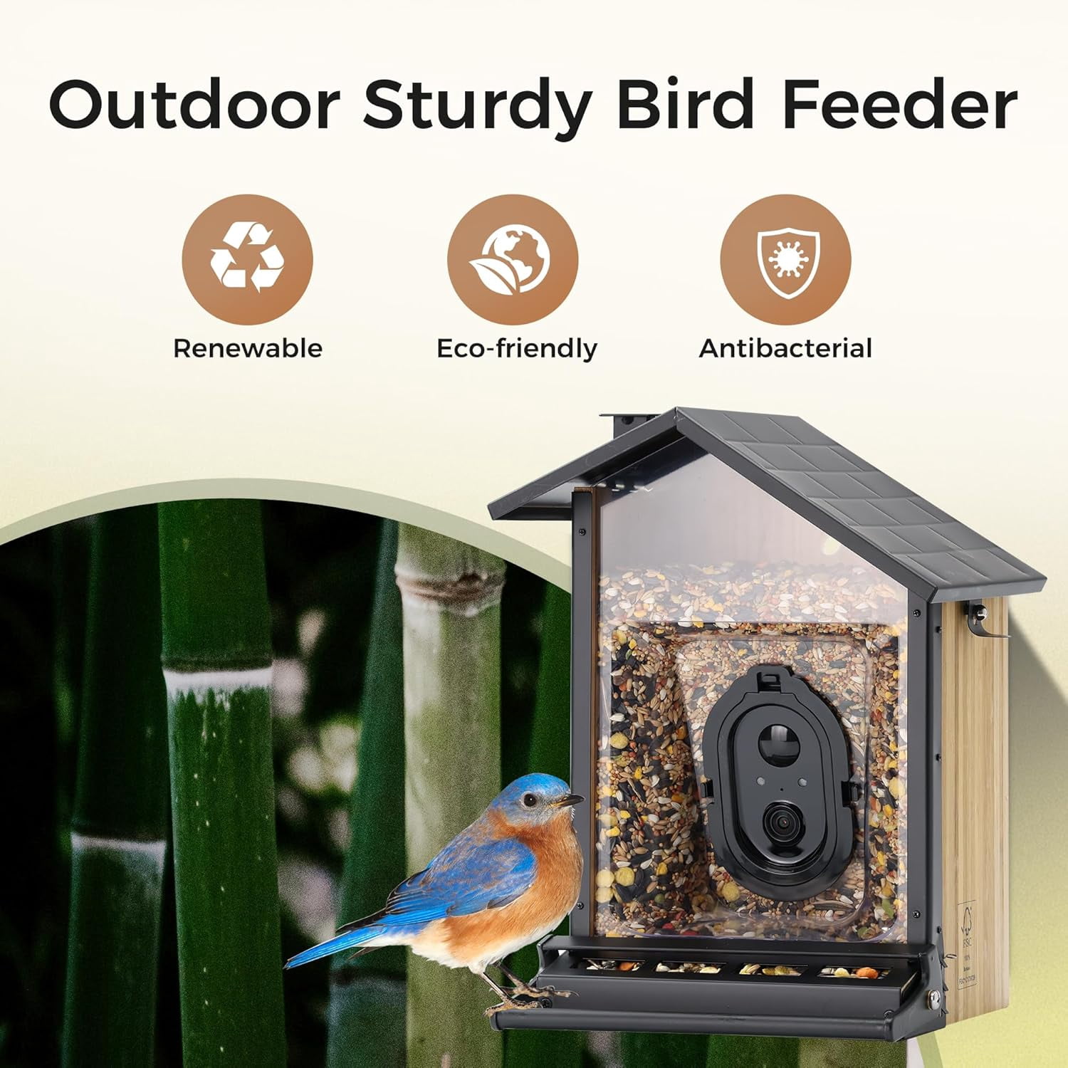 TT Nature Smart Bamboo Bird Feeder with Camera, Solar Powered, 3.2L Squirrel-Proof Video, AI Recognition Alerts, Bird Lover Gift