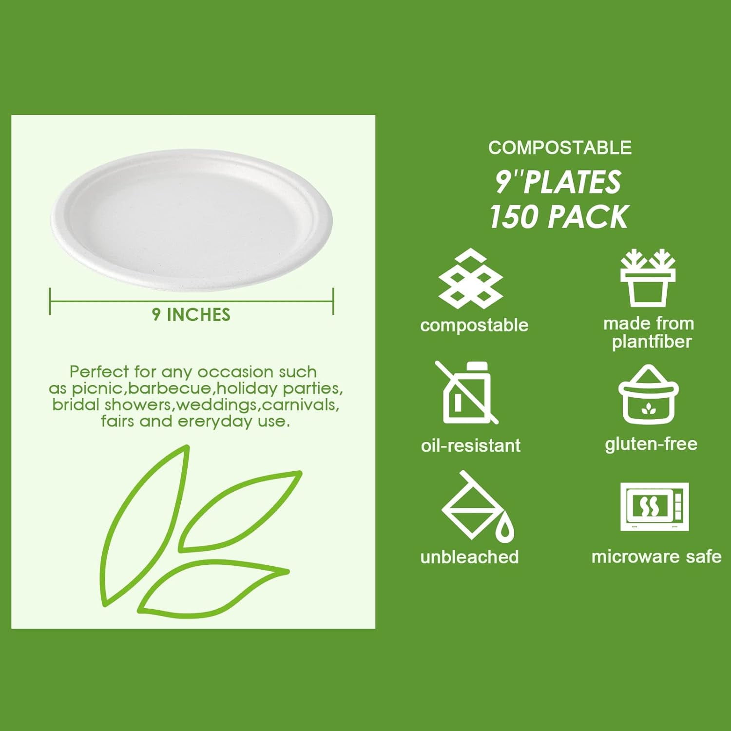 150 pack paper plates, 9-inch, 100% compostable, heavy duty disposable plates, natural sugarcane fiber biodegradable, eco-friendly, biodegradable from sugarcane (white)