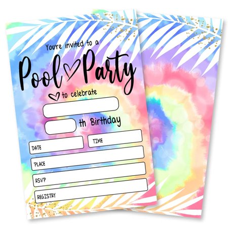 Vibrant Tie Dye Pool Party Invites - Set of 20 Colorful Invitations and Envelopes for Summer Birthday Celebrations, Perfect for Fun Swimming Pool Gatherings!