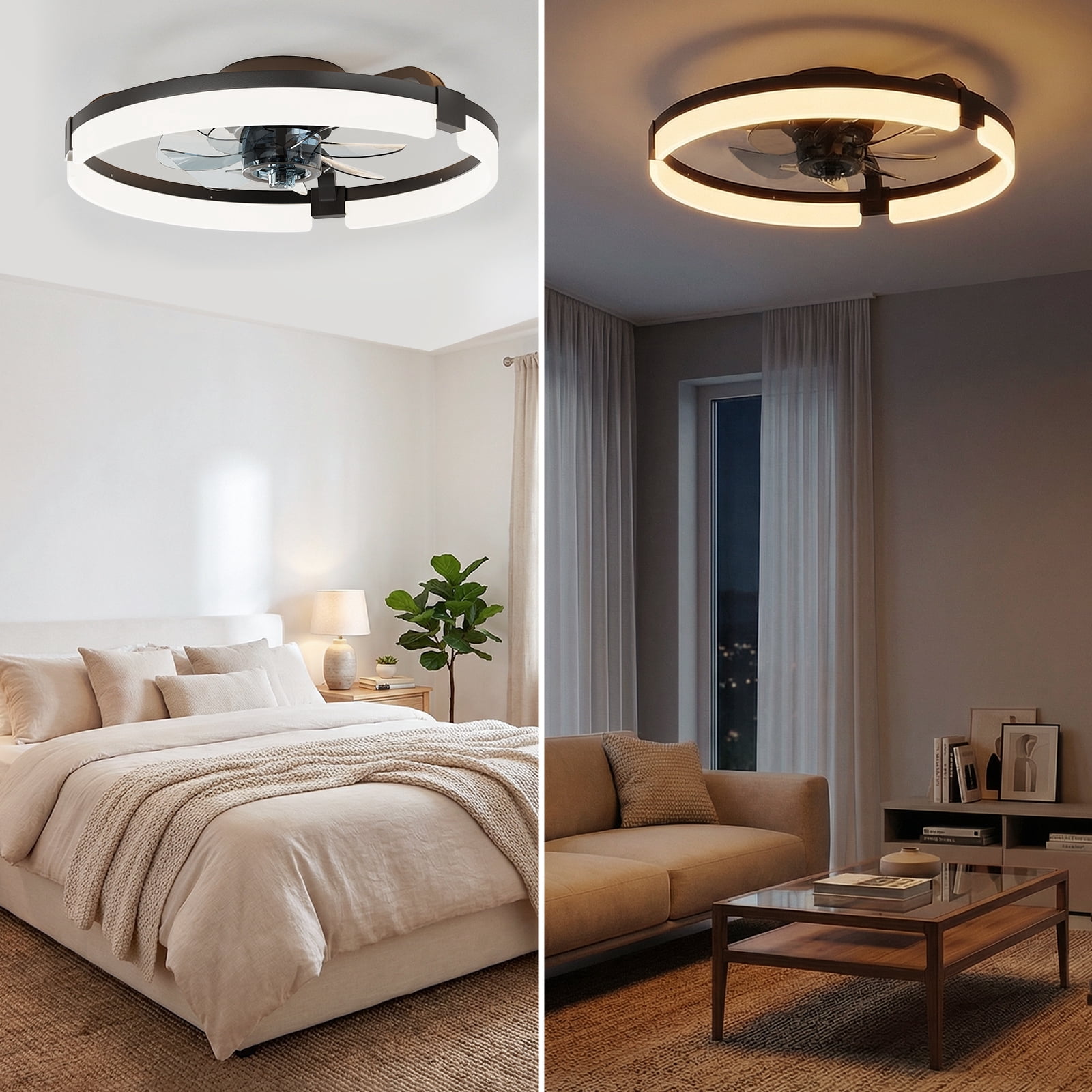 CONCETTA Low Profile Ceiling Fan with Light, 19in Flush Mount Bladeless Fan, Dimmable LED with App & Remote Control, Reversible Quiet Fan for Bedroom, Black