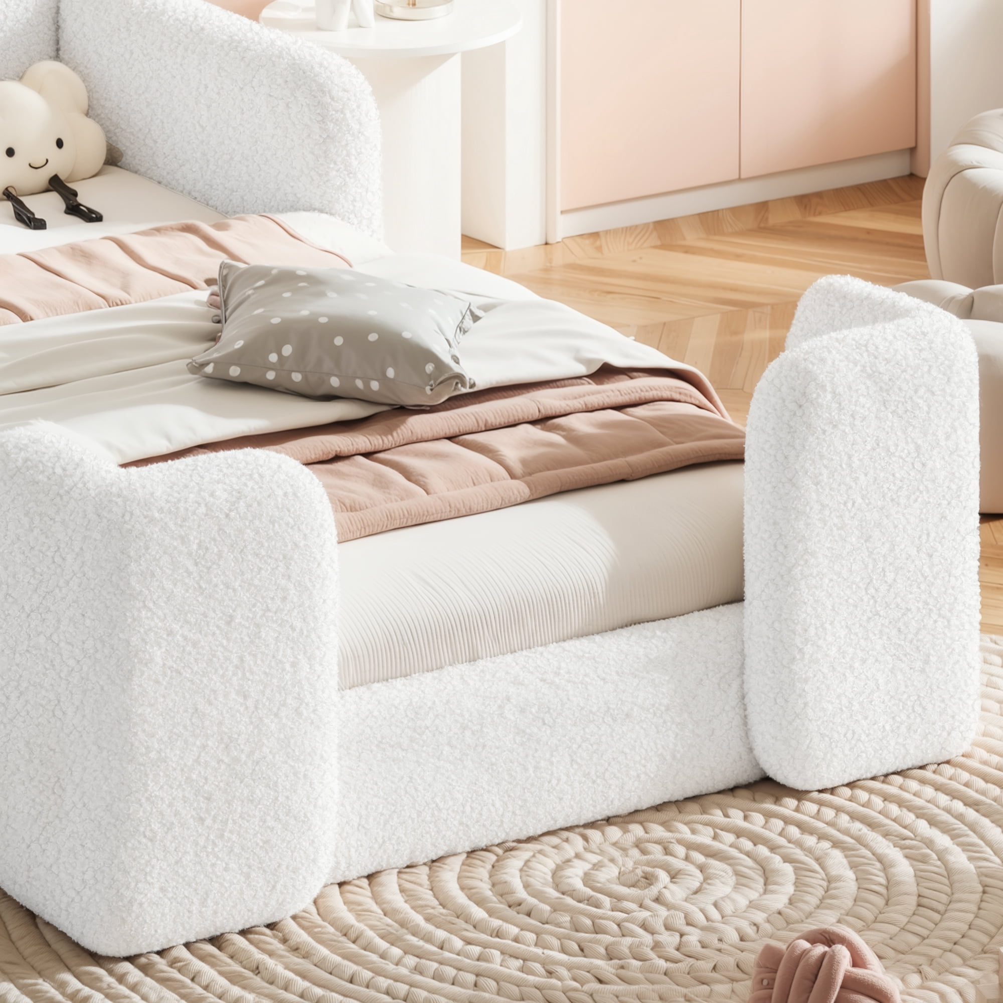 HOQBN Twin House Shaped Upholstered Floor Bed, Upholstered Kids Bed with Safety Side Rails, Low Floor Playhouse Bed for Nursery & Kids Bedroom White & Pink