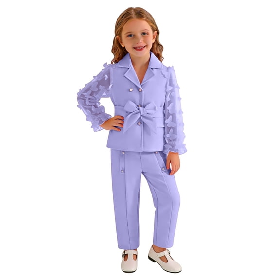 KAUOD Toddler Girls Suit Outfits 2 Piece Mesh Long Sleeve Jacket and Pants Set with Belt Trendy Cute Dress Clothes