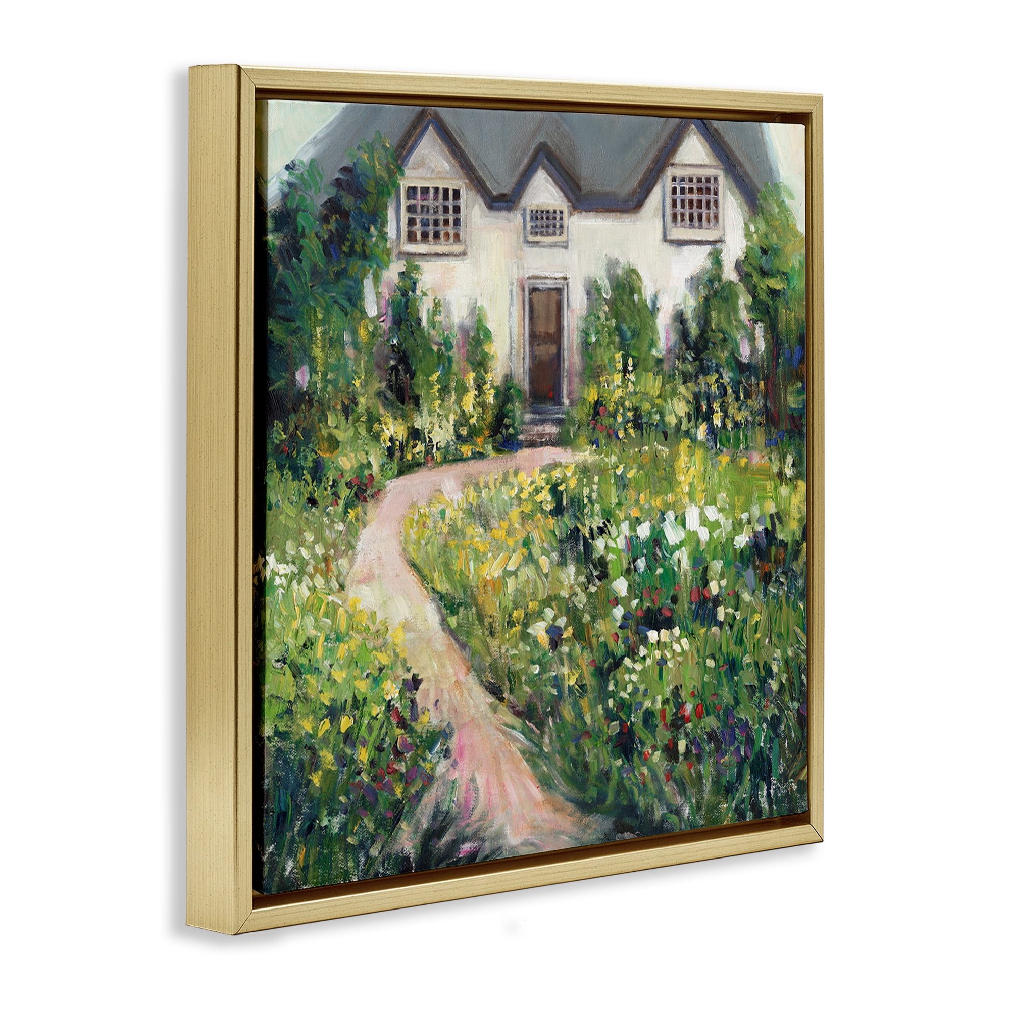 Stupell Industries Rural Floral Cottage Garden Blooms Travel & Places Painting Gold Floater Framed Canvas Art Print Wall Art, 18 x 18