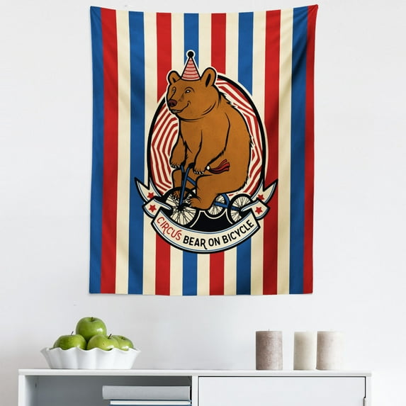 Bear Tapestry, Circus Animal on Bicycle Carnival Theme Mascot Hat Striped Backdrop, Fabric Wall Hanging Decor for Bedroom Living Room Dorm, 5 Sizes, Ruby Blue Brown, by Ambesonne