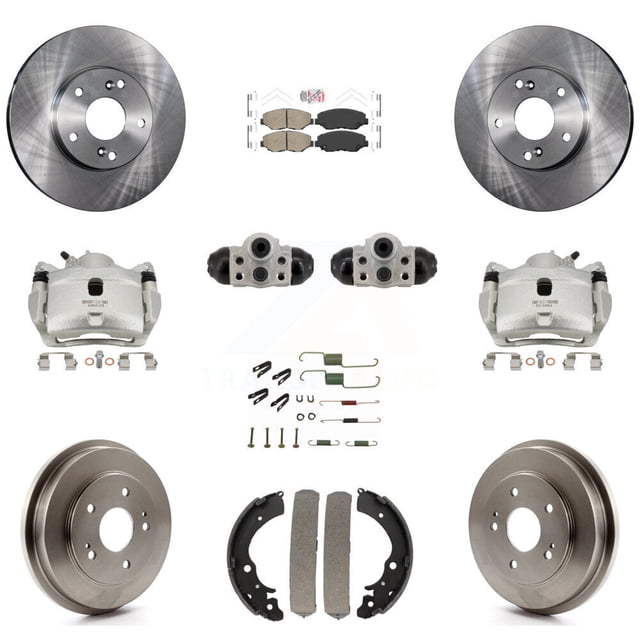 Transit Auto Front Rear Disc Brake Caliper Rotors Drums Ceramic Pads Shoes Wheel Cylinders and Hardware Kit (11Pc) for Car 2013-2014 Honda Fit EV with BATTERY (EV BEV) engine KC8-103310N