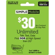 Simple Mobile $30 Unlimited 30-Day Prepaid Plan (5GB at high speeds) + International Calling Credit Direct Top Up