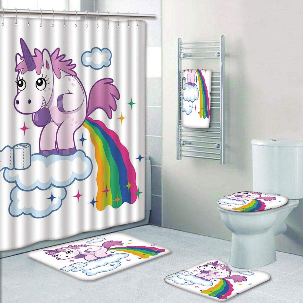 Starry Sky & Unicorn Shower Curtain Set Bath Rug Toilet Lid Seat Cover 4PCS-Set 