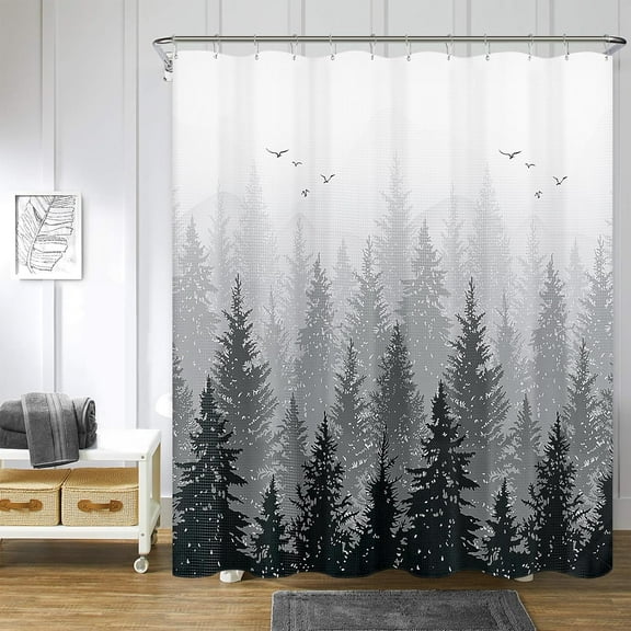 Black and White Forest Bathroom shower curtain Set Mountain Nature Tree Plant Black and Gray Waffle Fabric Bath Curtains Hotels, 72x72 inch