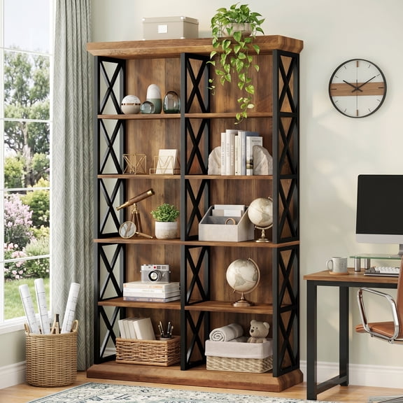 Fnova 6-Tier Industrial Bookcase with Metal Frame, 75" Tall Wooden Bookshelf, Freestanding Display Rack for Living Room Home Office, Brown