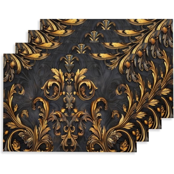 12"x18" Damask Black Gold Flower Placemats Set of 4 Washable Thick Place Mats Kitchen Table Mats Vintage Boho Decorative Linen Fabric Table Mat for Dining Decoration Table Kitchen Home Decor