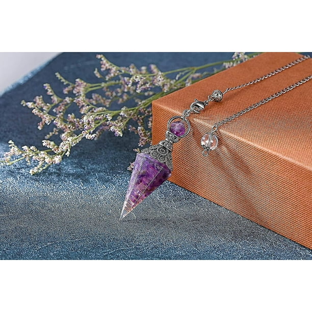 Péndulo colgante de punta hexagonal de 6 facetas para reiki, wicca, radiestesia, equilibrio espiritual, piedra preciosa de resina, cristal, amatista, collar de péndulos