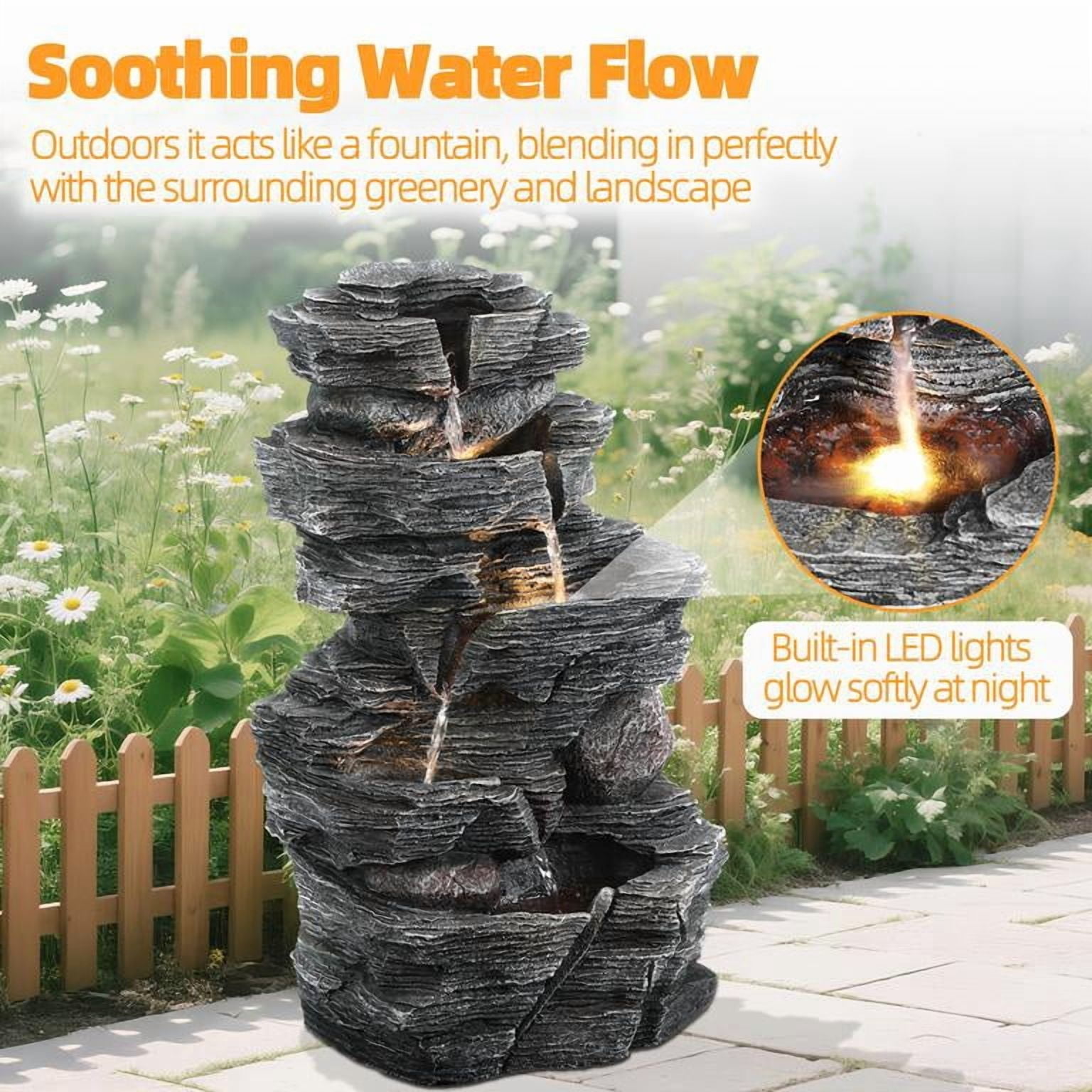 Outdoor Rock Waterfall Fountain, 3-Tier Cascading Fountain with LED Warm Light, Natural Stone Look Resin Fountain for Garden Patio Yard Porch Decor