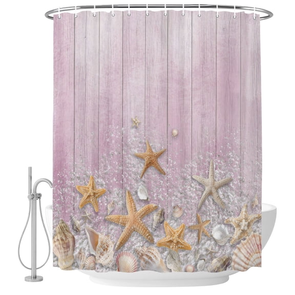 Pink Starfish Coastal Shower Curtain Set - 48" x 72" Washable Bathtub Curtain with 12 Hooks, Summer Beach Shell Wooden Waterproof Fabric Stall Shower Curtains for Bathroom/Bathtub Décor