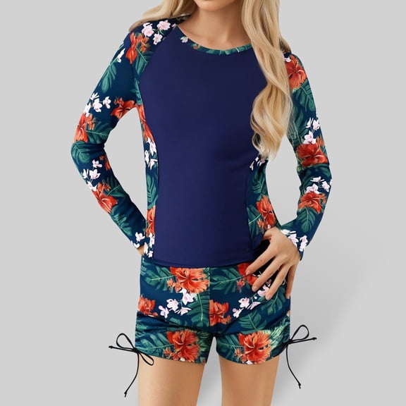 JIAYUE Girls Summer Swimsuit Set Floral Long Sleeve Drop Shoulder Crew Neck Two-Piece Sets Shorts Sportwear For Toddler Stylish Swimming Wear