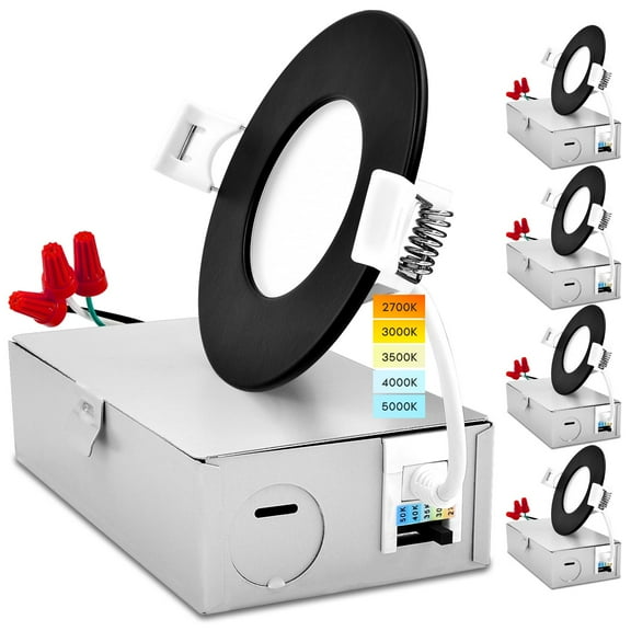 Luxrite 3 inch Ultra Thin LED Recessed Light with J-Box 8W 5 Color Options Dimmable 540 Lumens Black Trim IC Rated 4-Pack