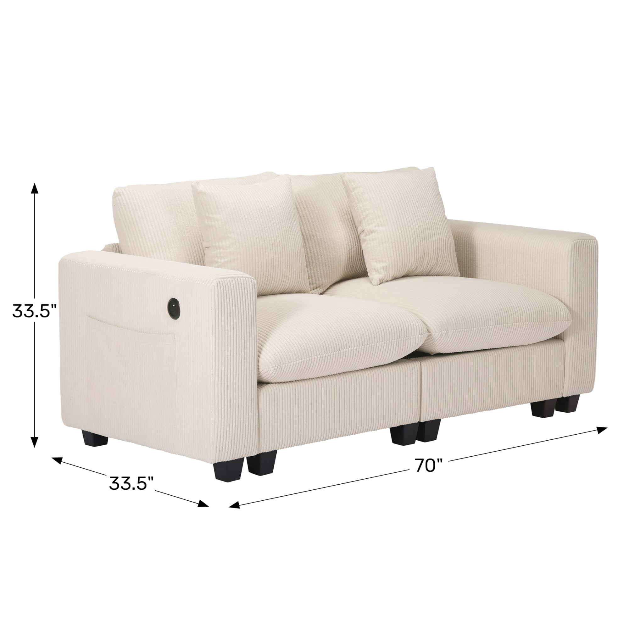 WestinTrends Hearthside 70" Modular Corduroy Loveseat Sofa With USB/Type-C Ports and Side Pockets, Mustard