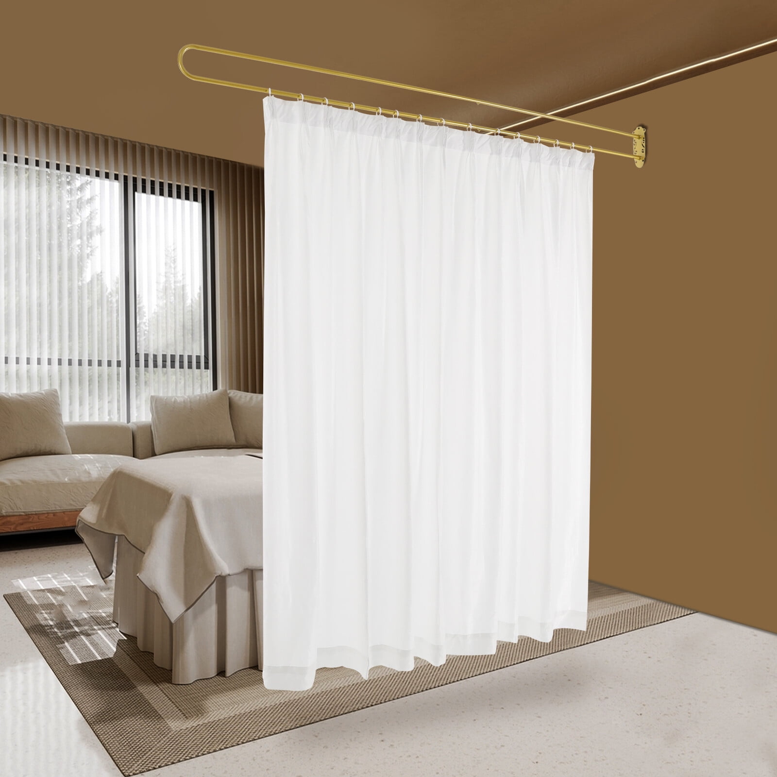 Gold U Shape Curtain Rod 7.5ft, Ceiling Mounted Privacy Partition with White Sheer Fabric, Heavy Duty Iron Curtain Track Room Divider for Bedroom Studio Office, Easy Installation