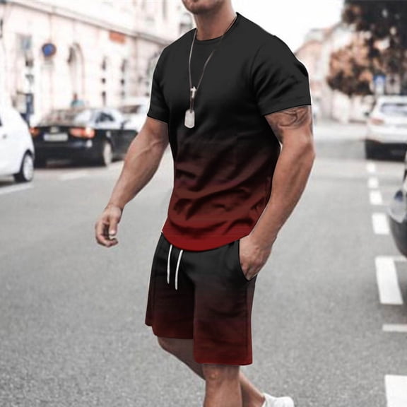 Ceisia Men Gradient Color Short Sleeve Crew Neck T Shirt And Drawstring Pocket Shorts 2 Piece Summer Casual Tracksuit Set (Wine XXXL) Gift