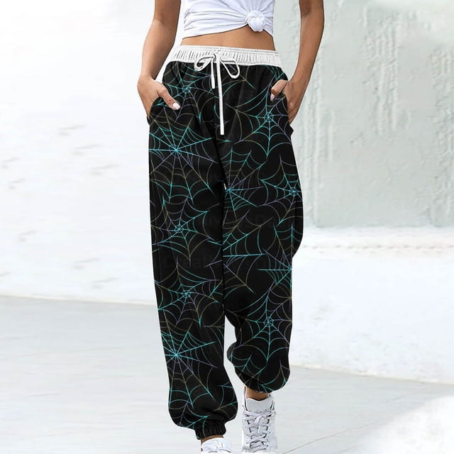 Teissuly Nouvelle Arrivée Pantalon de Survêtement pour Femmes Mode Halloween Toile d'Araignée Imprimée Taille Élastique Cordon de Serrage Bas Resserré Pantalon Décontracté à la Cheville avec Poches, Taille P-2TG