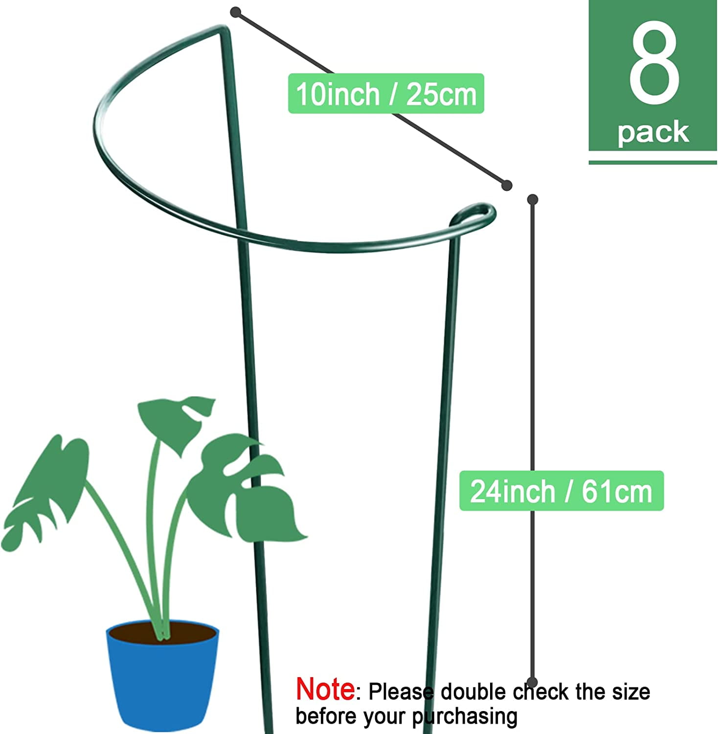 Peony Cages and Supports 24" H x 10" W, 8 Pack Tall Snake Plant Support Stake Half Round Metal Garden Stake for Indoor and Outdoor Plants, Flower Support Ring Border for Tomato,Hydrangea,Rose