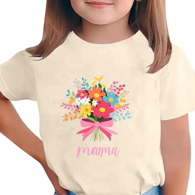 Zpanxa T-Shirts pour Tout-Petites Fille Imprimé Fête des Mères Col Rond Manches Courtes Haut Polyester Spandex 9-10 Ans