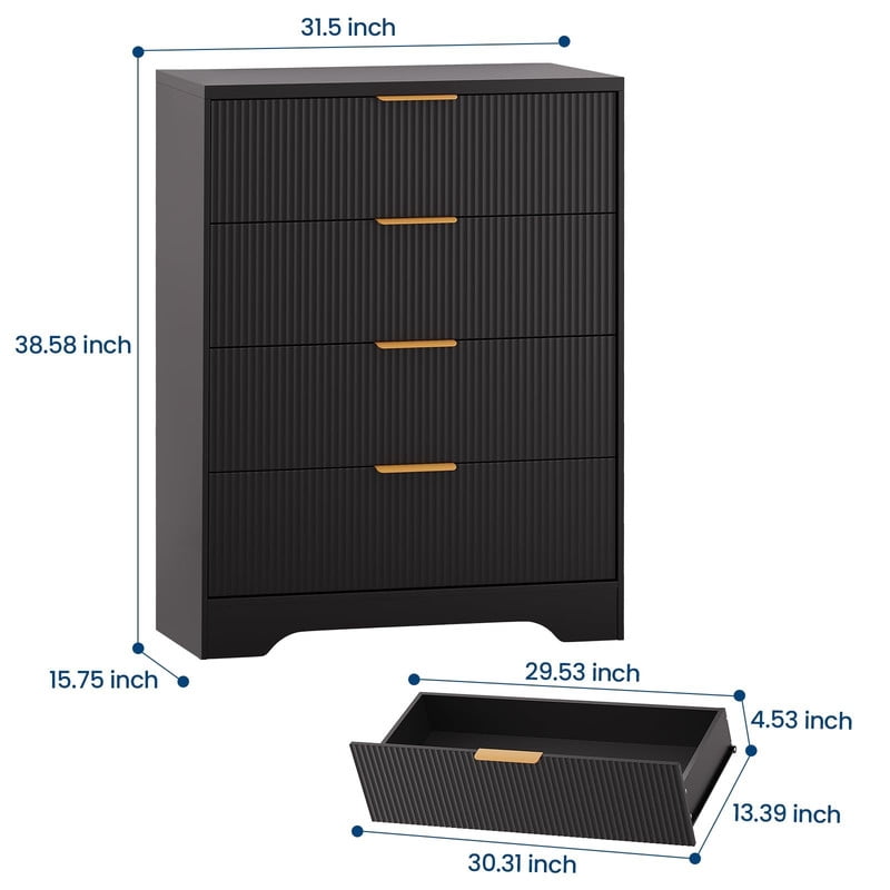 TROPOW 4 Drawers Dresser for Bedroom, Fluted Dresser Chest of Drawers with Handle, Wood Modern Dressers for Closet, Bedroom Furniture Storage Organizer for Living Room, Hallway
