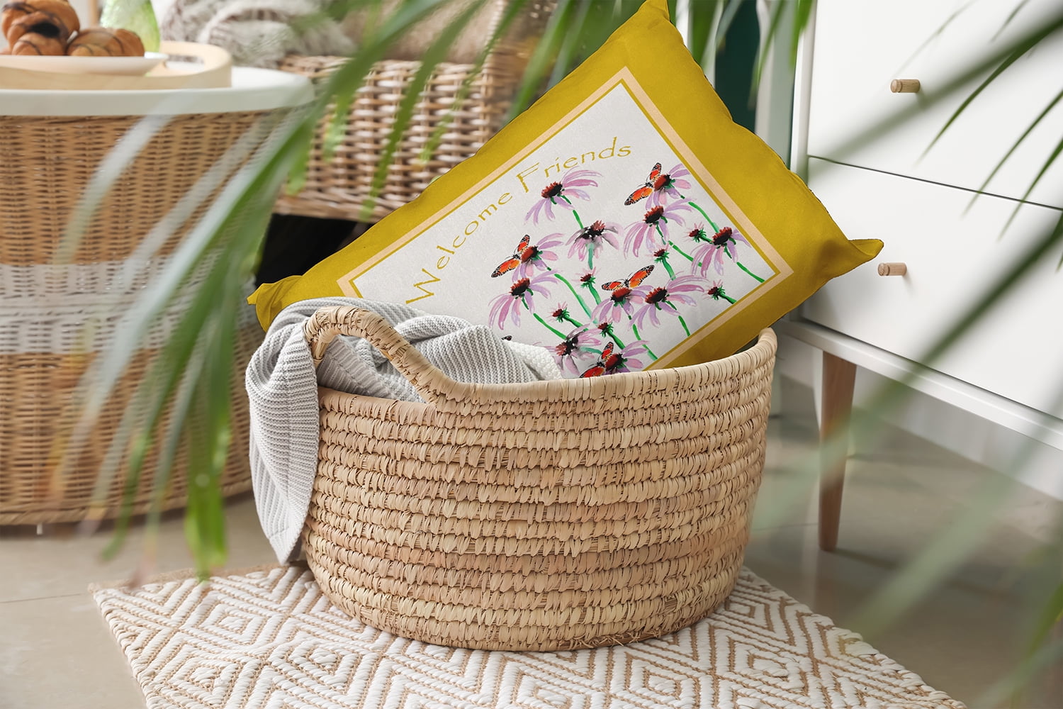 20" x 14" Simply Daisy Welcome Friends Polyester Indoor/Outdoor Pillow, Mustard Qty 1