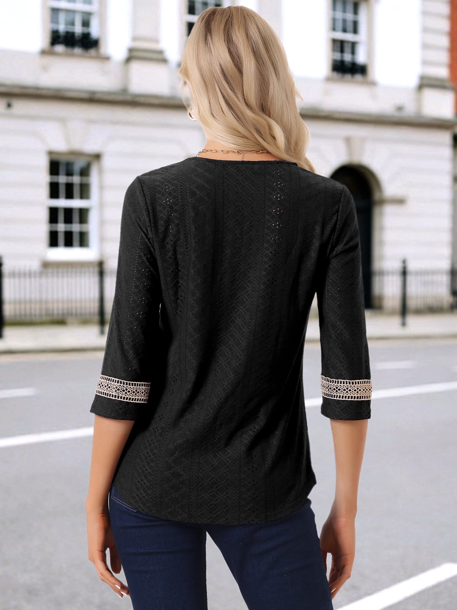 DARING DIVA Women's 3/4 Sleeve Tops Hollow Color Block Boho Shirts XS Black