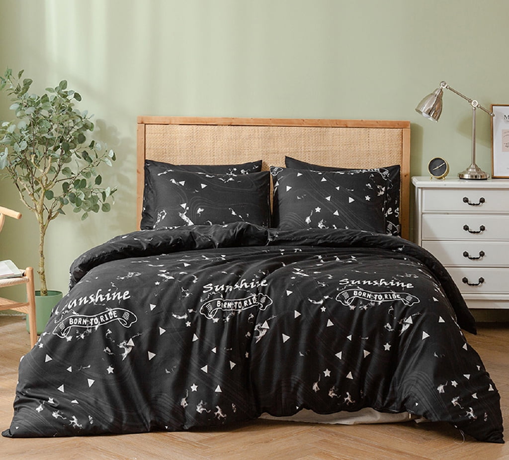3pcs White Triangles Star Geometic Pattern Printed in Black Bedding