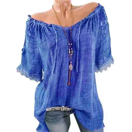 Lace Crochet Short Sleeve Vintage T-Shirt Casual Loose Plus Size Blouse  Off Shoulder Pullover Jumper  Tops
