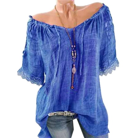 Vintage Pattern Jumper Blouse - Lace Crochet Short Sleeve Vintage T-Shirt Casual Loose Plus Size Blouse Off Shoulder Pullover Jumper Tops