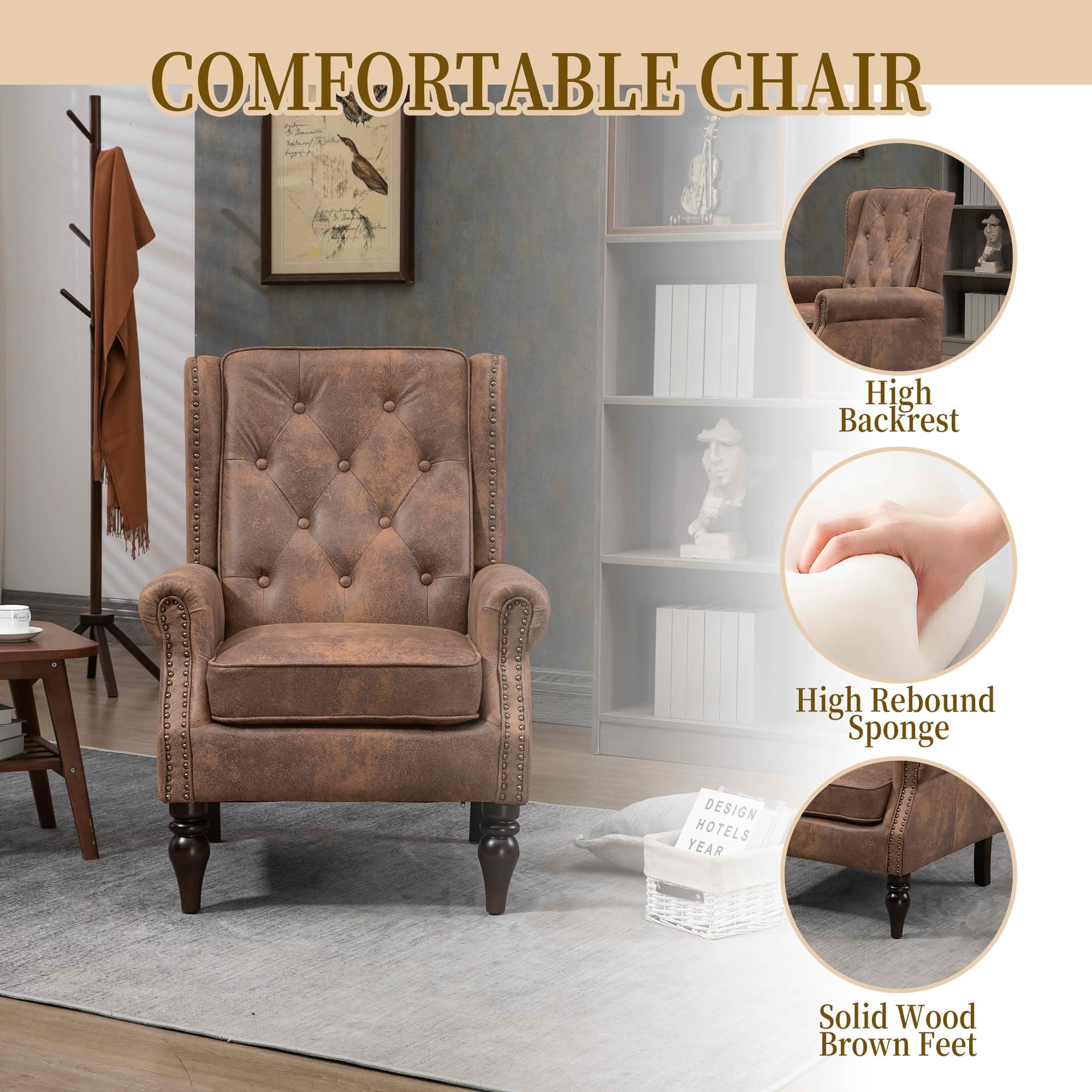 MAYEERTY 29.33-Inch PU Leather Wood Frame Accent Armchair, Modern Lounge Chair with Sturdy Rubber Wood Legs