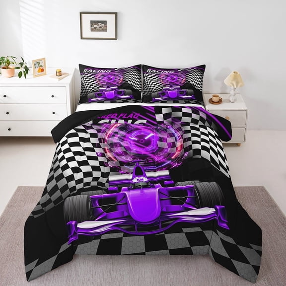 Erosebridal Racing Car Bedding Twin Comforter Set,Geometric Plaid Down Comforter,Black Purple Bedding Sets Twin with Comforter,Super Cozy Sport Bedroom Decorative,Reversible,3pcs