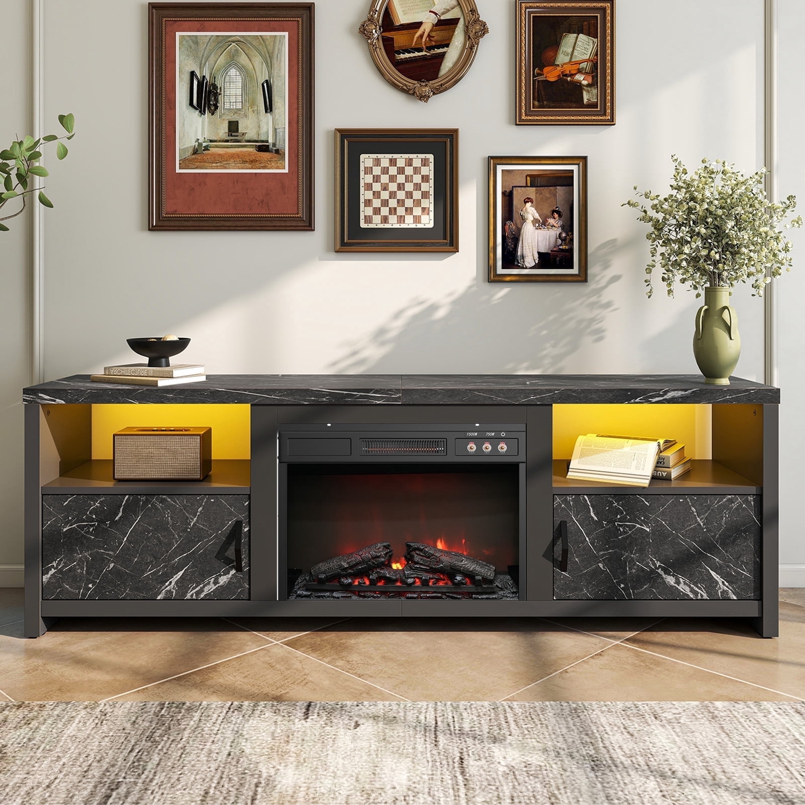 Bestier 71 inch Electric Fireplace TV Stand for TVs up to 75", Modern Entertainment Center with LED Lights, Black Marble