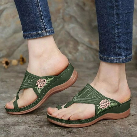 

Women Shoes Large Size Embroidered Buckle Clip Finger Comfortable Wedge Heel Female Sandals Green 9